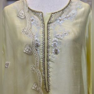 Pakistani Eid Ramadan silk yellow kameez trousers organza dupatta size Large